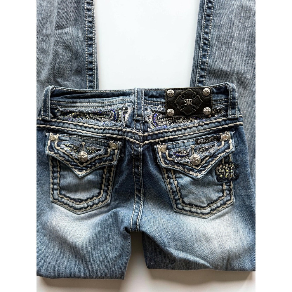 Miss Me Girls Size 14 Low Rise Boot Cut Jeans Blue Embellished Flap Pocket Y2K